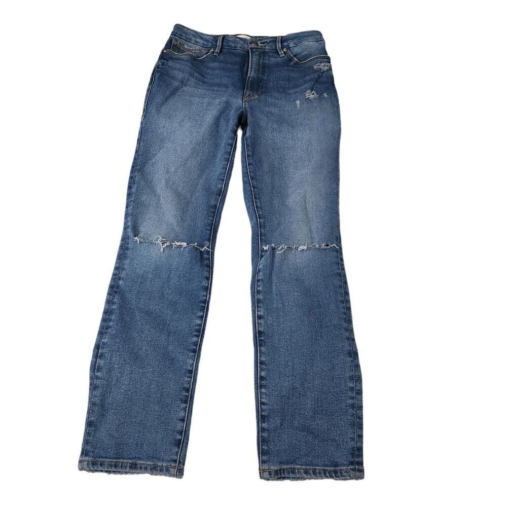 Good American Jeans 27 Blue Slit Knees‎ High Rise Slim Leg Ankle Distressed